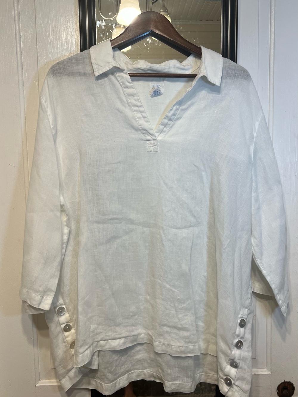 Sigrid Olsen White Linen Button-Side Popover Shirt